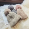 A winter Korean-style trendy, fleece and thickened, warm knitted woolen hat with a ball, a fashionable and cute headscarf for autumn and winter details Picture