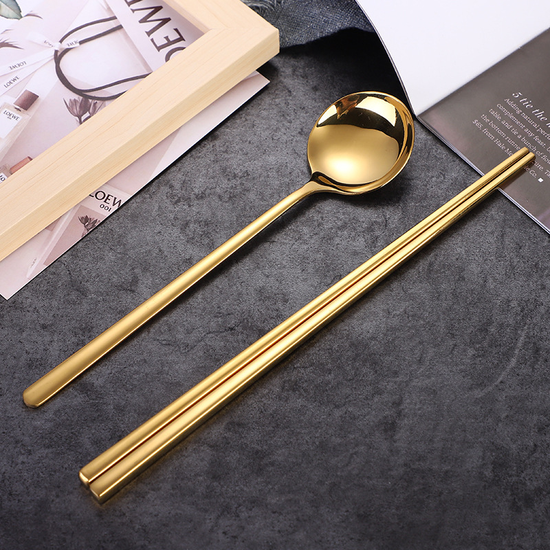 304 Korean Round Spoon Chopsticks Set Stainless Steel Full Square Chopsticks Long Handle Spoon Titanium Plated Stainless Steel Tableware Application Scenario
