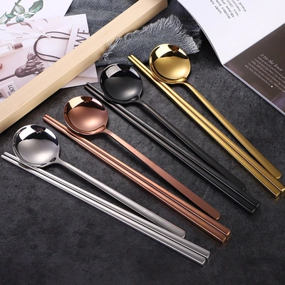 304 Korean Round Spoon Chopsticks Set Stainless Steel Full Square Chopsticks Long Handle Spoon Titanium Plated Stainless Steel Tableware