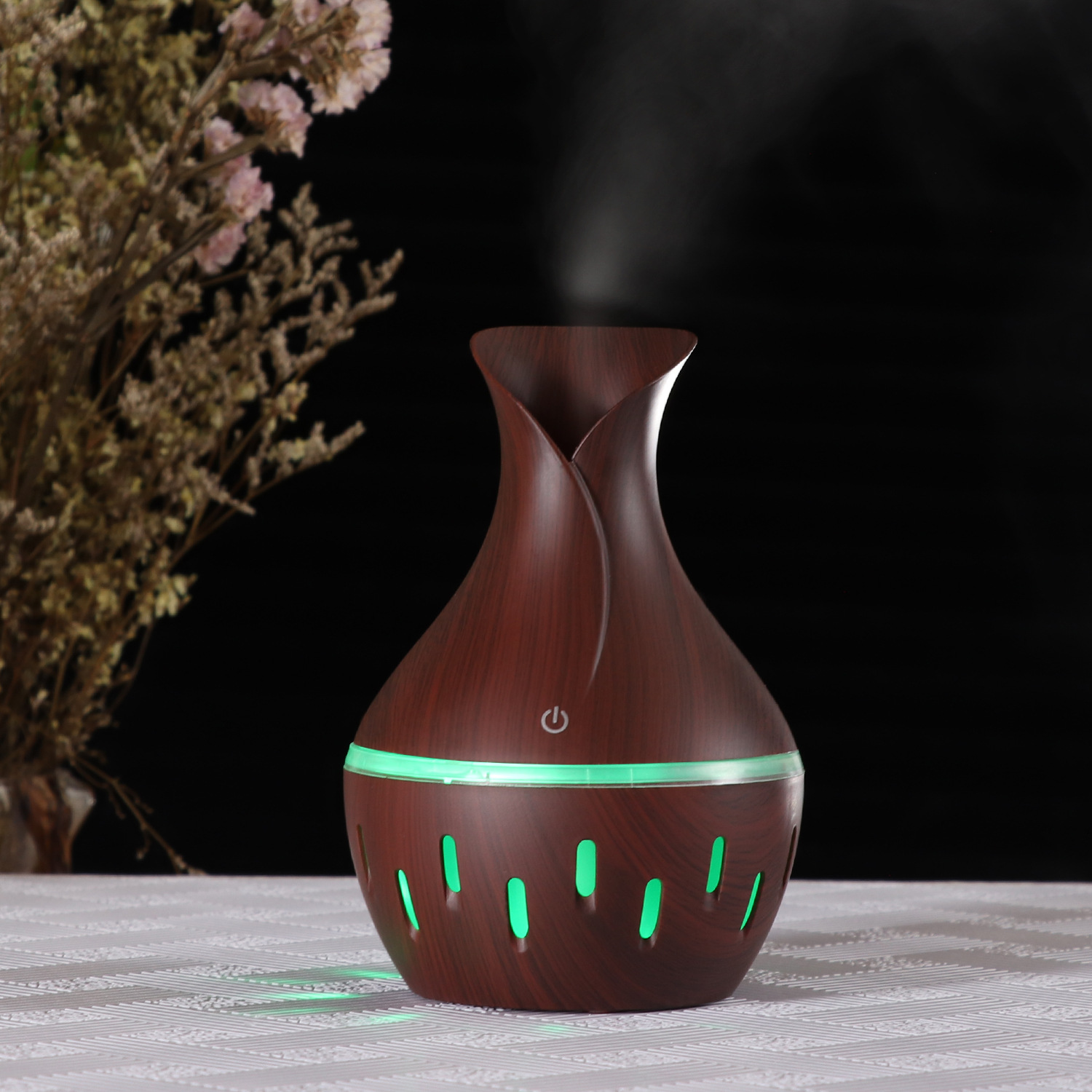 Wholesale Hollow Mini Humidifier 300Ml Wood Grain Diffuser Diffuser Seven Color Ultrasonic Humidifier Application Scenario