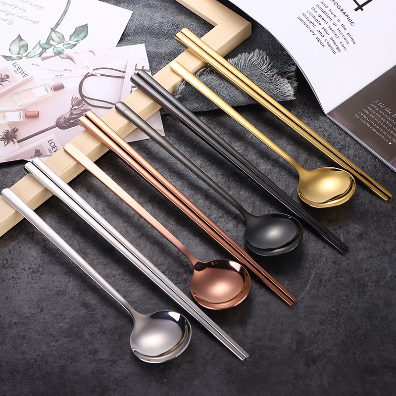 304 Korean Round Spoon Chopsticks Set Stainless Steel Full Square Chopsticks Long Handle Spoon Titanium Plated Stainless Steel Tableware details Picture