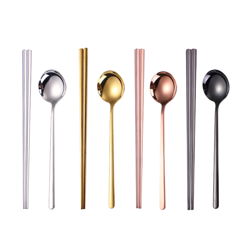 304 Korean Round Spoon Chopsticks Set Stainless Steel Full Square Chopsticks Long Handle Spoon Titanium Plated Stainless Steel Tableware Item Picture