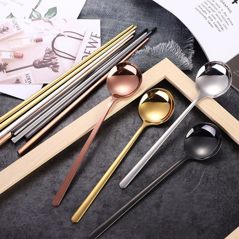 304 Korean Round Spoon Chopsticks Set Stainless Steel Full Square Chopsticks Long Handle Spoon Titanium Plated Stainless Steel Tableware Specification drawing