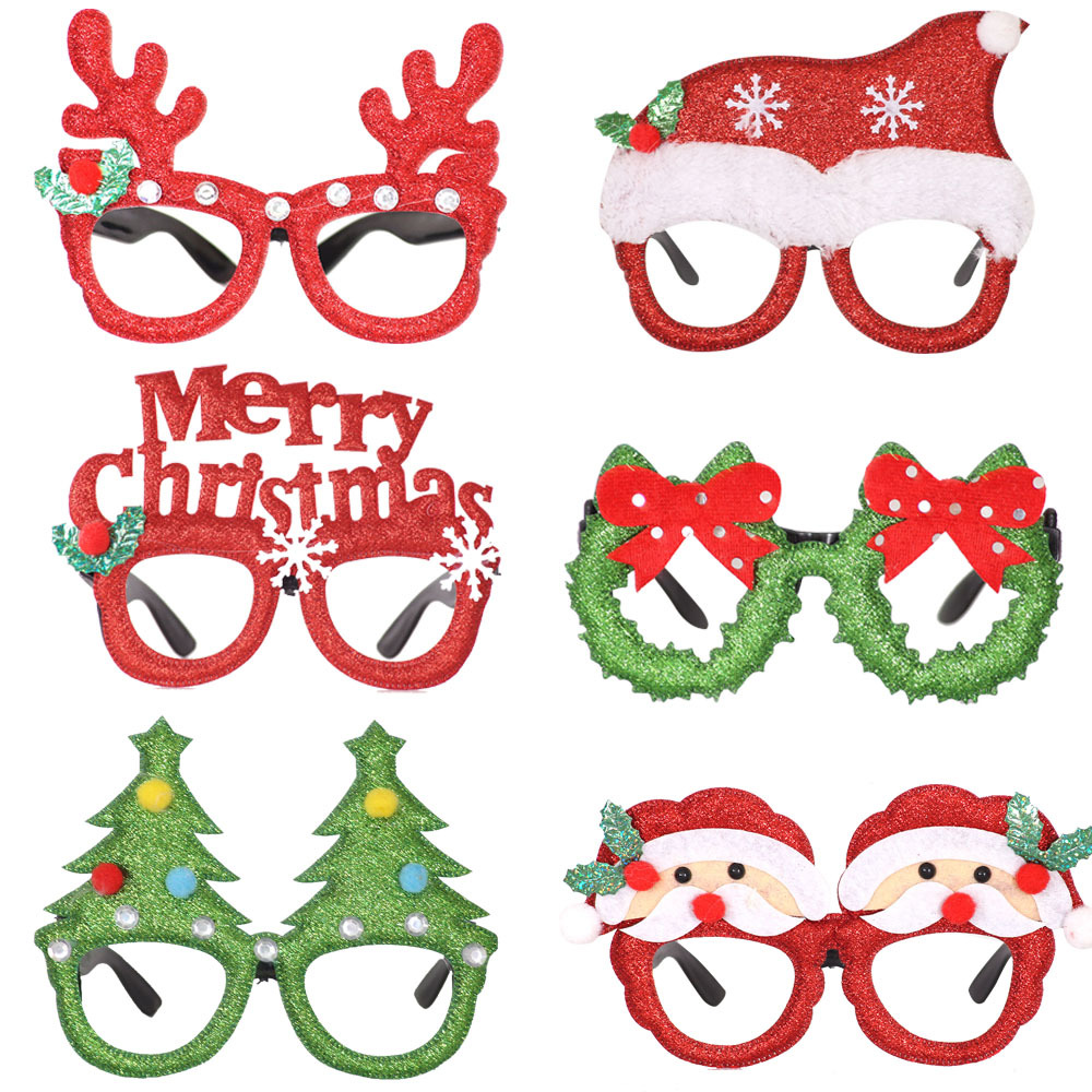 Photo of a family posing with children's Christmas glasses over Christmas