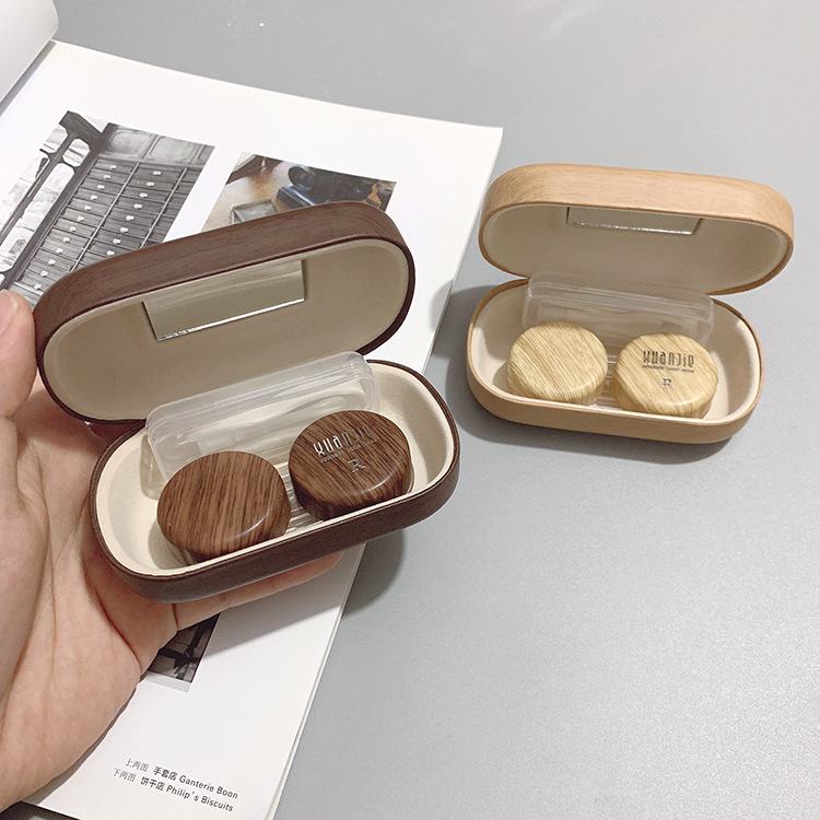 A retro leather and wood grain large-diameter leak-proof storage dual-pair companion simple beauty contact lens box for myopia