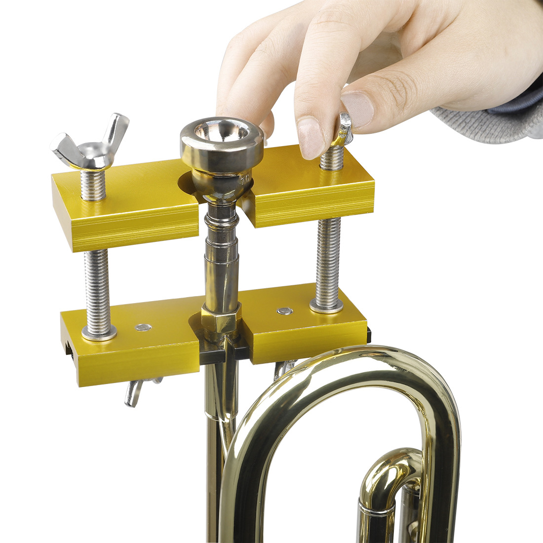Brass instrument repair, trumpet mouthpiece, mouthpiece extractor, large French horn, holding horn, trombone, mouthpiece extractor, mouthpiece tool
