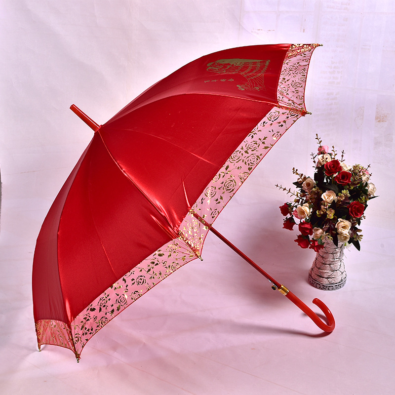 国潮现货婚庆结婚伞花边新娘红伞喜庆伴娘长柄婚礼直杆大红烫金雨伞厂国潮
