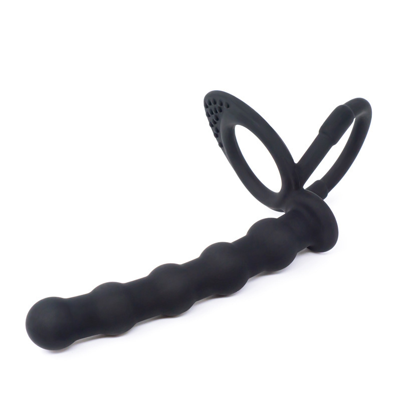 Silicone double-ring anal plug for both men and women, with a drawstring locking semen ring, is an adult sex toy Item Picture