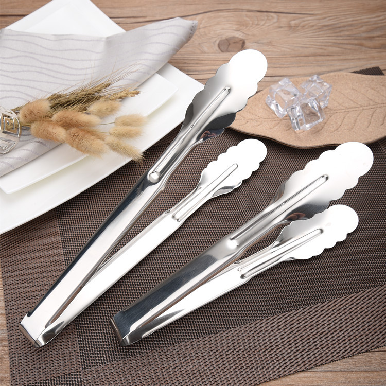 Wholesale non-magnetic bright stainless steel plum blossom round head tongs, thickened multi-functional steak tongs and barbecue tools details Picture