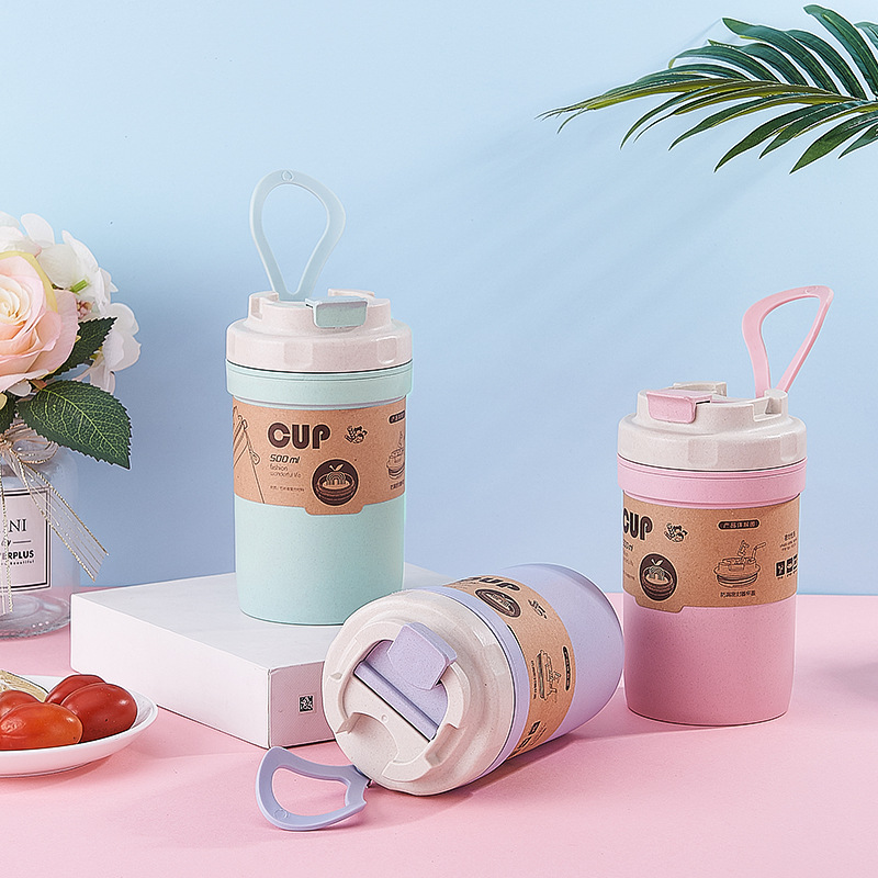 INS creative bamboo fiber double-layer water cup insulated handle soup cup sealed thermos cup handy cup can order LOGO details Picture