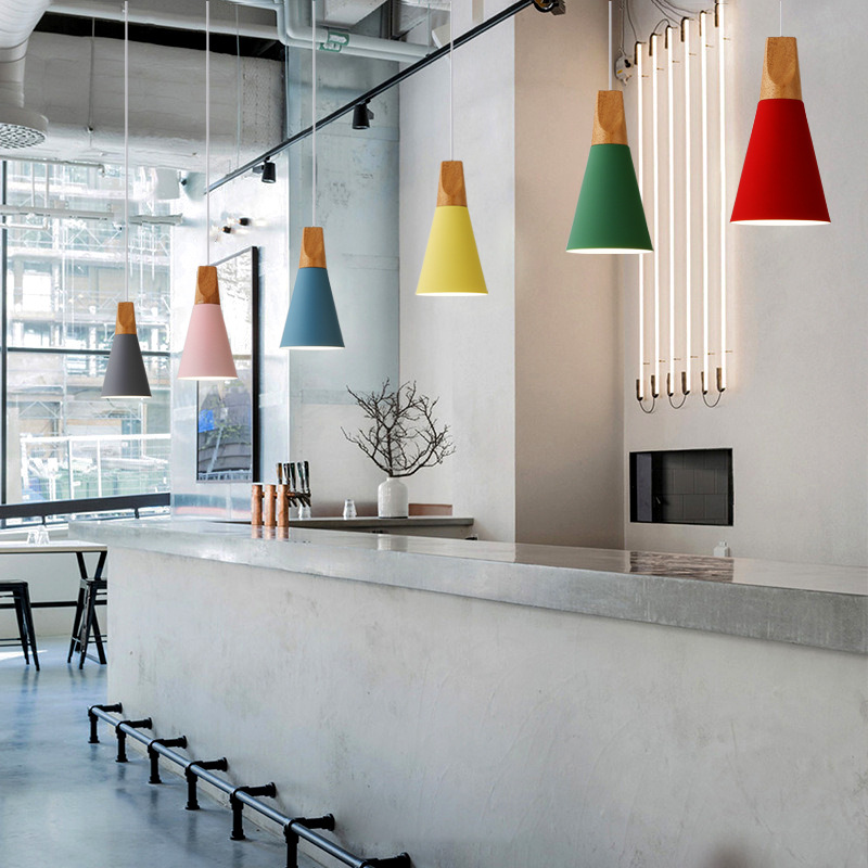 Simple and fashionable macaron color lamps, Nordic restaurant, coffee shop, clothing store, shopping mall lighting, solid wood chandeliers Application Scenario