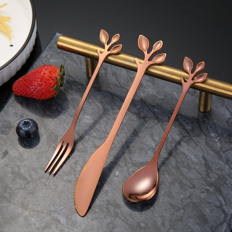 Stainless steel tableware, knives, forks, spoons, creative leaves, children cutting fruits, mooncakes, knives, forks, honey stirring, desserts, coffee spoons details Picture