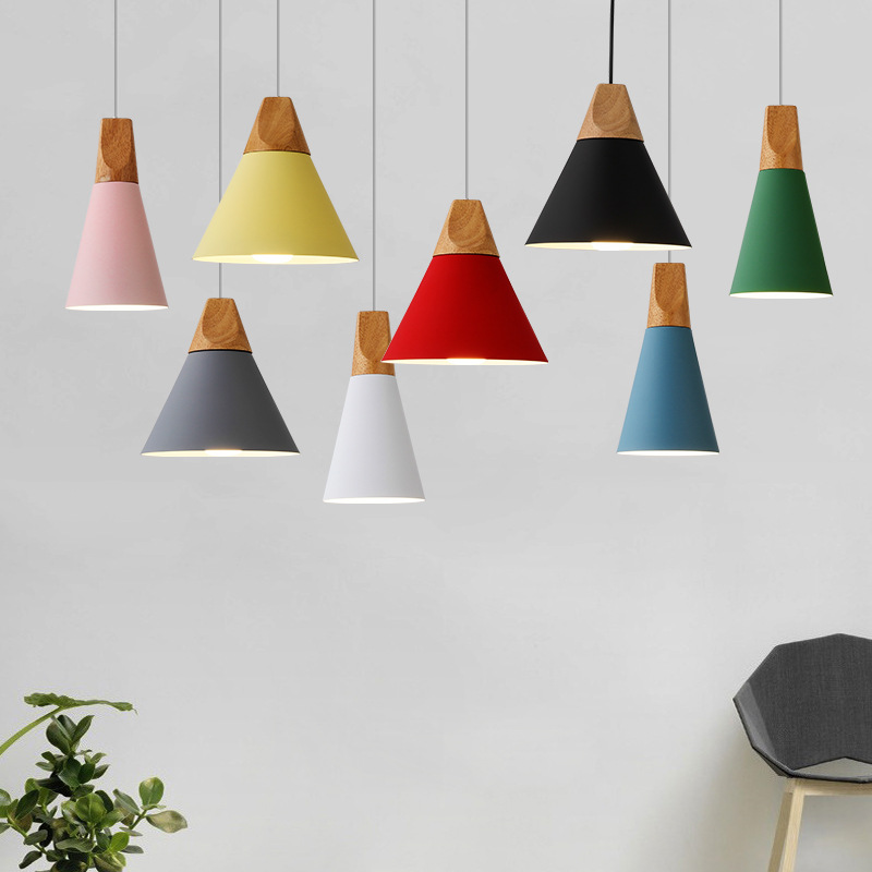 Simple and fashionable macaron color lamps, Nordic restaurant, coffee shop, clothing store, shopping mall lighting, solid wood chandeliers full figure