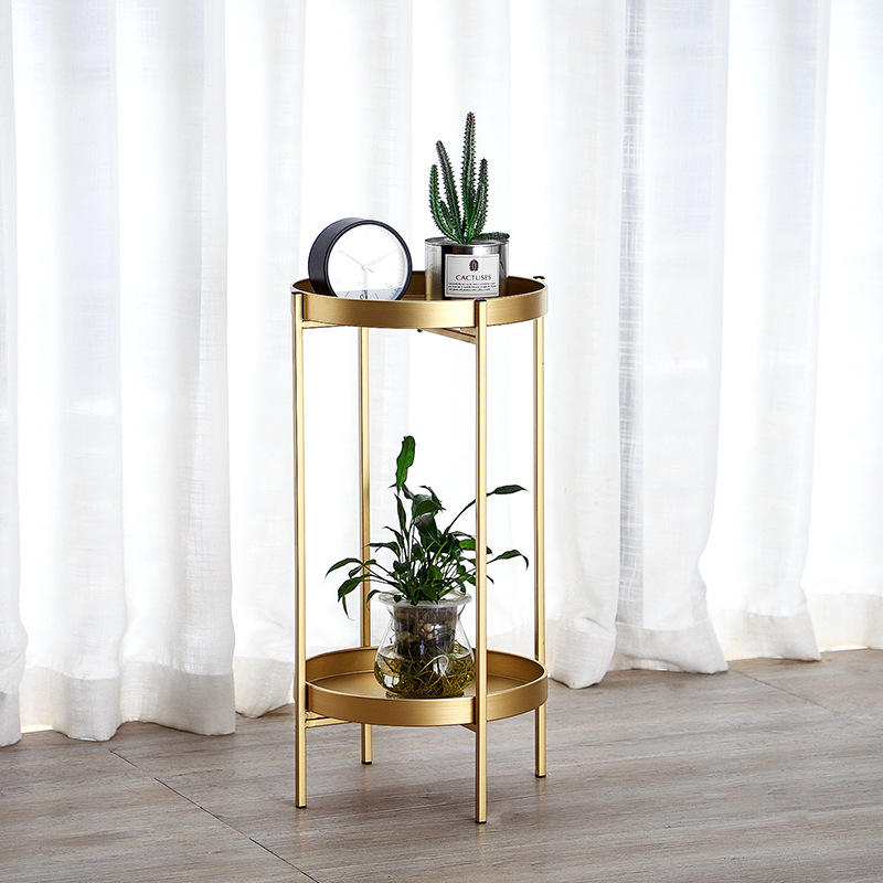 Nordic ironwork double-layer flower stand, indoor floor-standing golden flower pot stand, living room balcony light luxury decoration storage rack Specification image