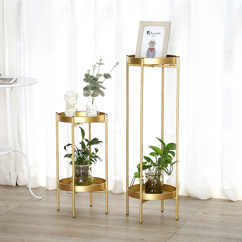 Nordic ironwork double-layer flower stand, indoor floor-standing golden flower pot stand, living room balcony light luxury decoration storage rack details Picture