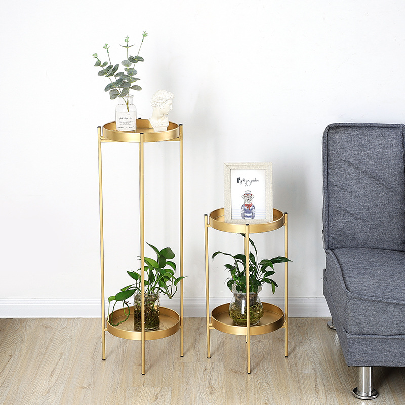 Nordic ironwork double-layer flower stand, indoor floor-standing golden flower pot stand, living room balcony light luxury decoration storage rack Application Scenario