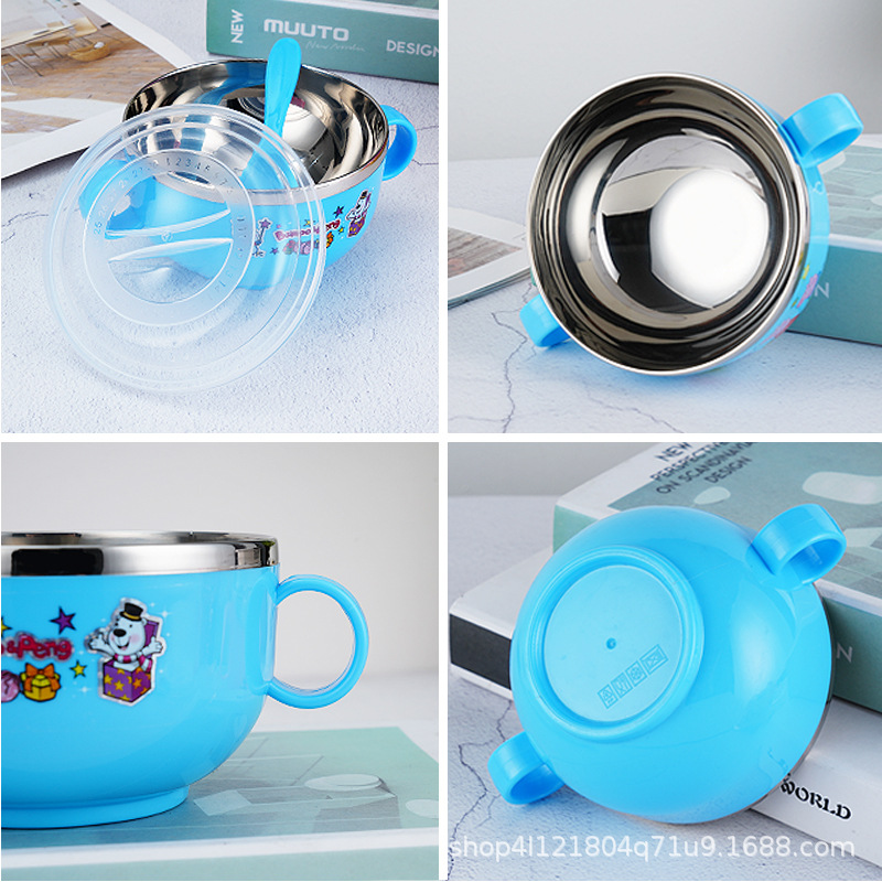 Stainless Steel Cartoon Children's Bowl Double Handle With Cover Insulated Baby Soup Rice Bowl Kindergarten Eat Rice Bowl 420Ml details Picture