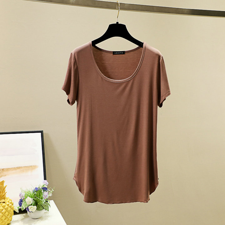 Spring and summer round-neck Korean-style candy-colored modal base layer, short-sleeved large U-neck top, loose basic T-shirt for women Application Scenario