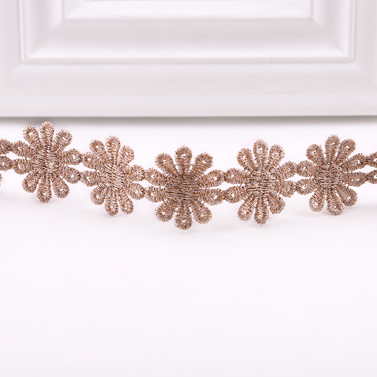 厂家直销新款多规格金丝花边 高档水溶条码 环保金线花朵刺绣花边