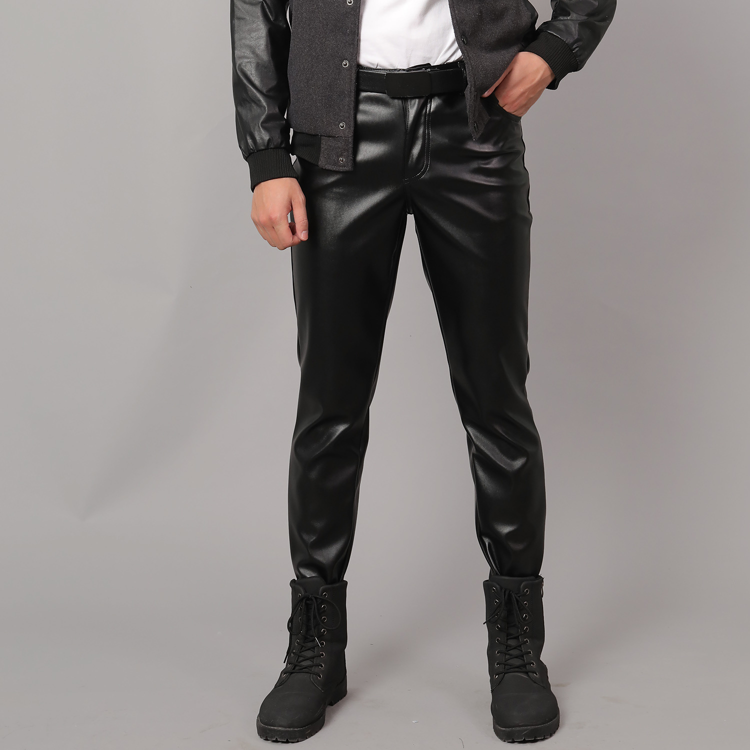 Spring and autumn Korean-style slim-fit leather pants, men's skinny pants, tight stretch trendy motorcycle leather pants, men's fleece long pants Application Scenario