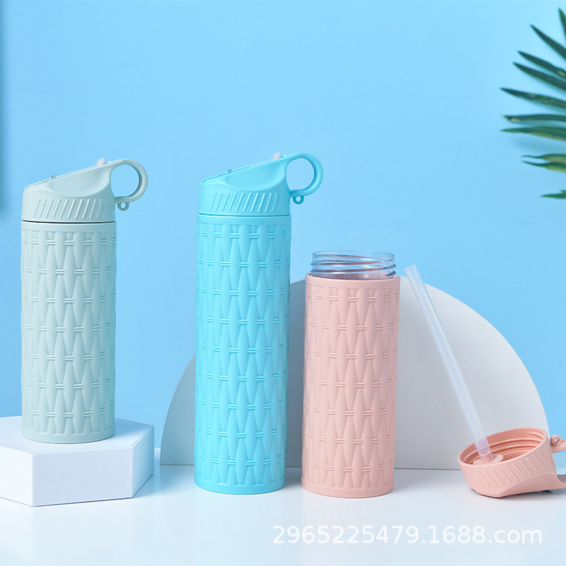 Sporty and trendy solid-color double-layer plastic space cup, spring and summer stylish patterned portable pop-up lid straw cup details Picture