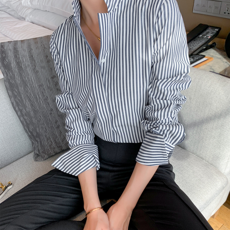 春秋高品质新款立领条纹H型衬衫 长袖女式通勤百搭上衣女厂家直销