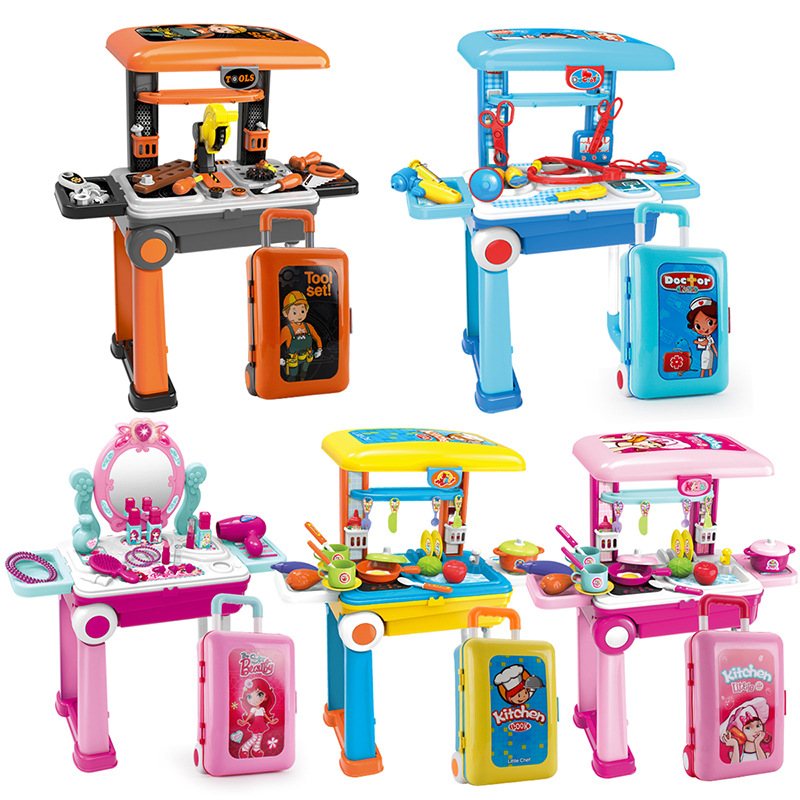 Children's Puzzle Simulation Girl Play House Pull Rod Travel Box Series Kitchen Makeup Tools Storage Box Item Picture