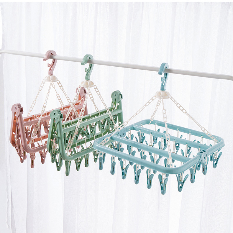32-clip folding clothes rack, adult plastic multi-clip, children and baby sock rack, household sun-drying rack, windproof clothes drying rack