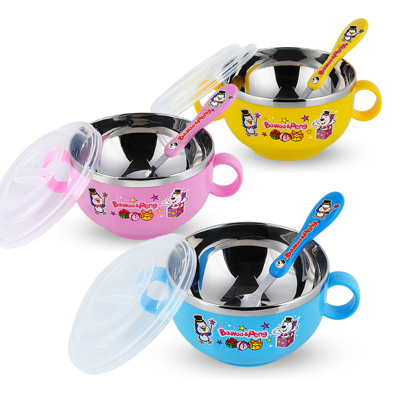 Stainless Steel Cartoon Children's Bowl Double Handle With Cover Insulated Baby Soup Rice Bowl Kindergarten Eat Rice Bowl 420Ml