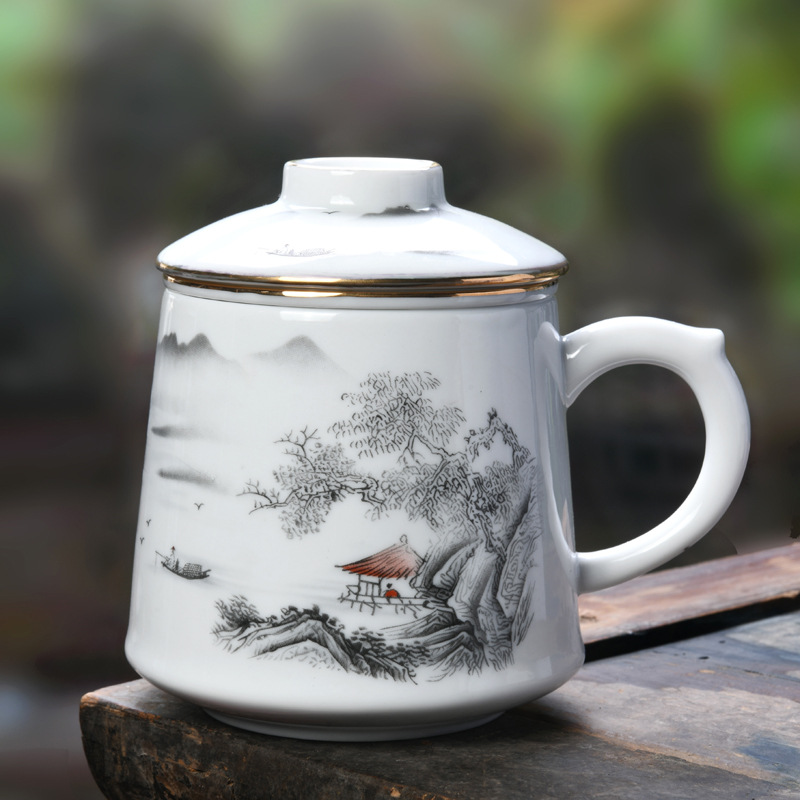 茶水分离办公茶杯泡茶杯陶瓷泡茶白瓷办公杯活动银行商务礼品水杯