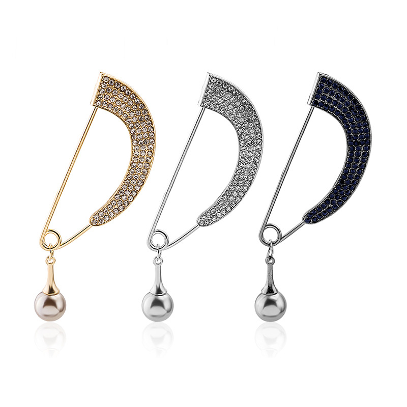 European and American cross-border personalized diamond-encrusted brooch, full diamond arc-shaped pendant, pearl brooch, shirt collar pin, anti-exposure chest buckle