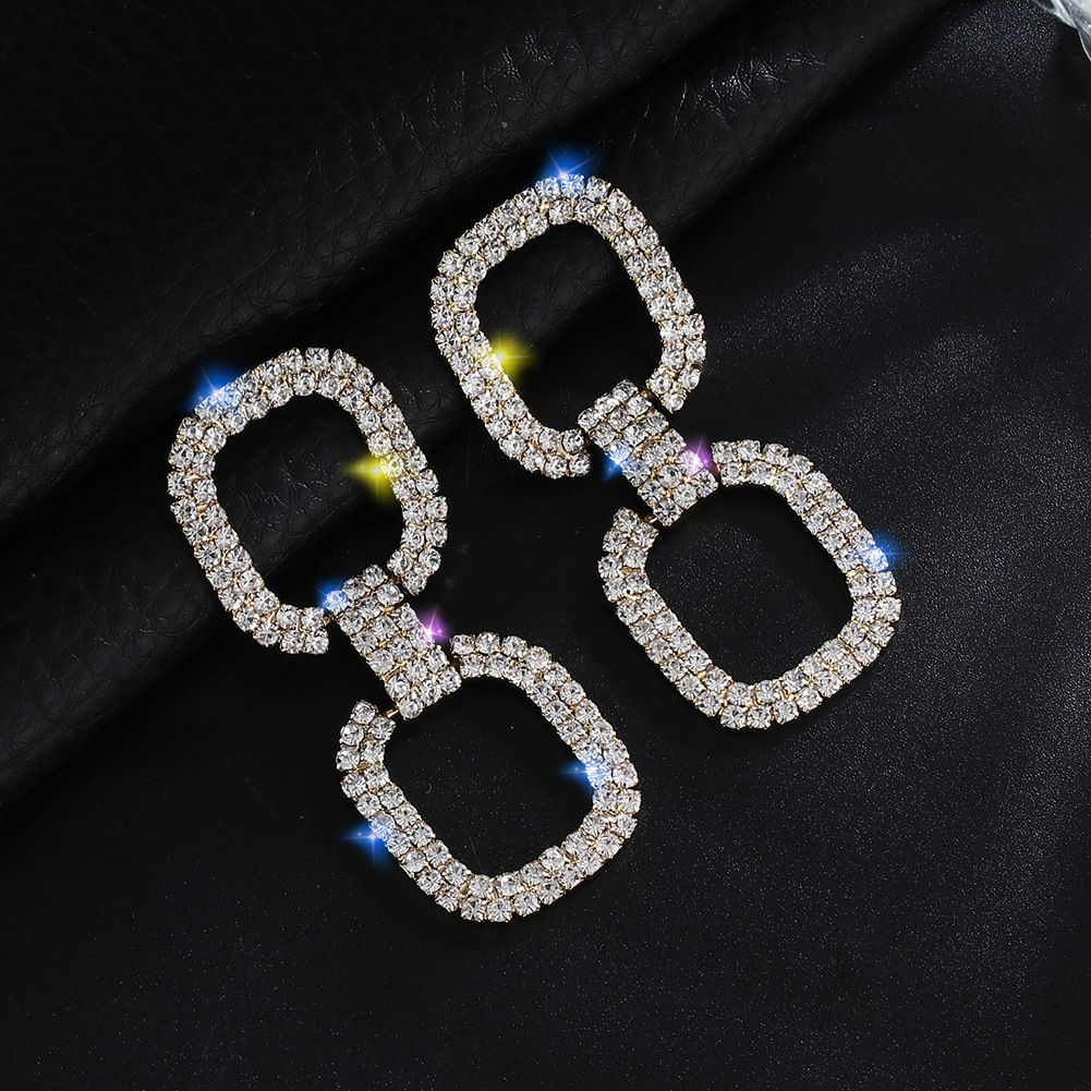 Non-returnable and non-exchangeable claw chain diamond earrings, unique double-layer hollowed-out square stud earrings, simple and fashionable earrings for women