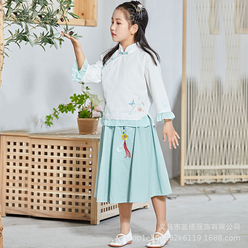 国潮新款女童汉服连衣裙夏装跃裙套装改良唐装现货批发绣花中国风套装