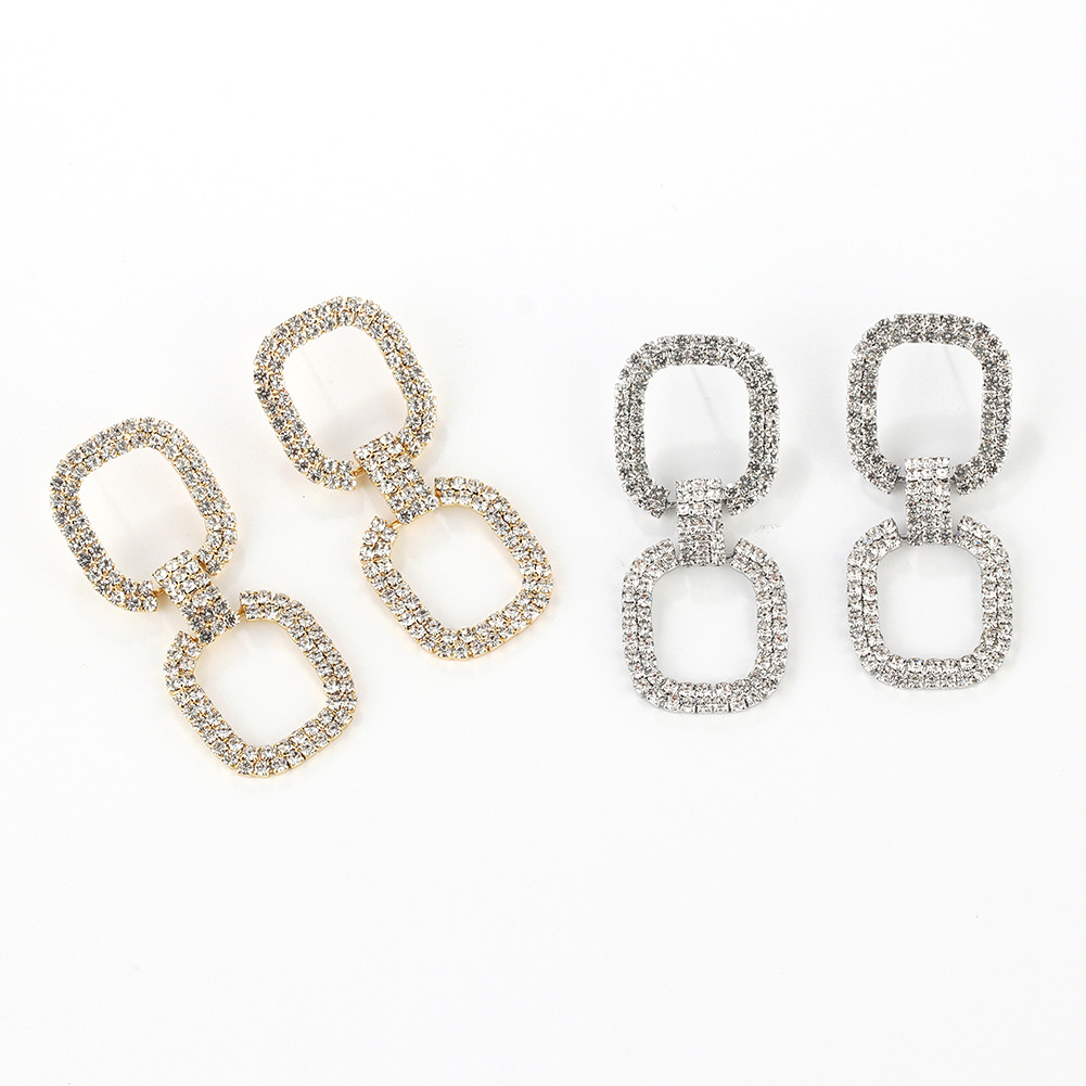 Non-returnable and non-exchangeable claw chain diamond earrings, unique double-layer hollowed-out square stud earrings, simple and fashionable earrings for women details Picture