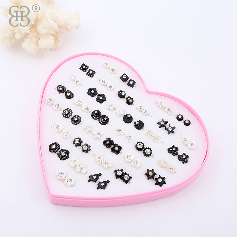 Korean flower-shaped plastic needle box ear studs, colorful diamond-encrusted ear studs, exquisite two-yuan store earrings for primary and secondary school students details Picture
