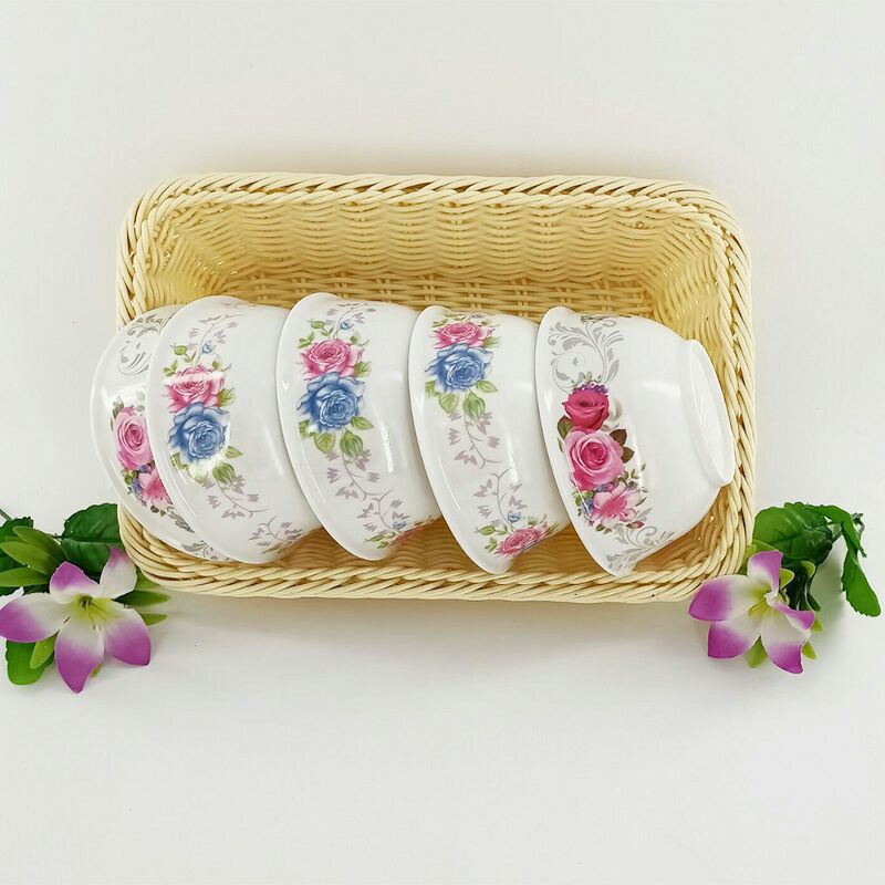 New melamine imitation porcelain bowls, kitchen rice bowls, plastic soup bowls, seasoning bowls, white flower bowls, rice bowls, chopsticks and tableware Specification image