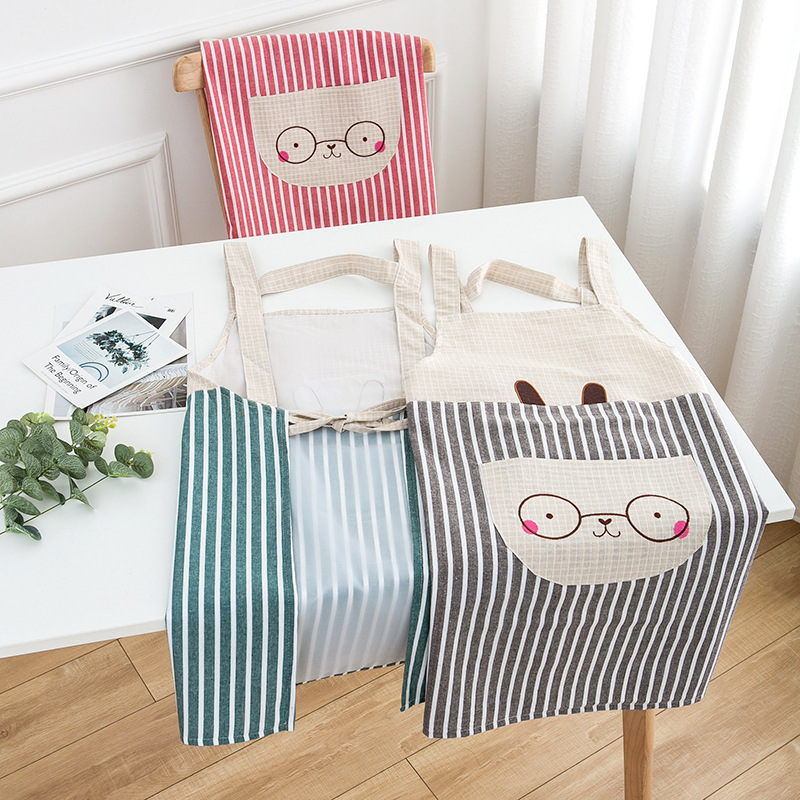 Striped apron, Japanese all-cotton fabric shoulder strap apron, kitchen and home work clothes, half-length vest apron, adult cooking waistband details Picture