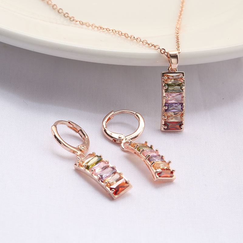 A two-piece set of European and American cross-border jewelry earrings and necklace, a colorful rose gold zircon set for women in a rectangular shape details Picture