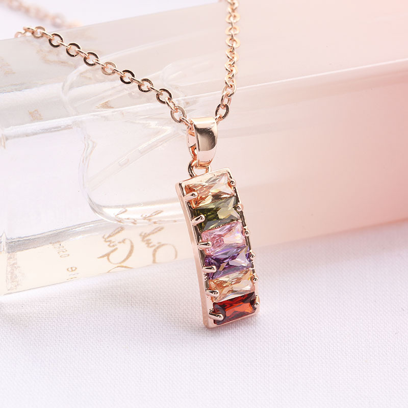 A two-piece set of European and American cross-border jewelry earrings and necklace, a colorful rose gold zircon set for women in a rectangular shape Specification image