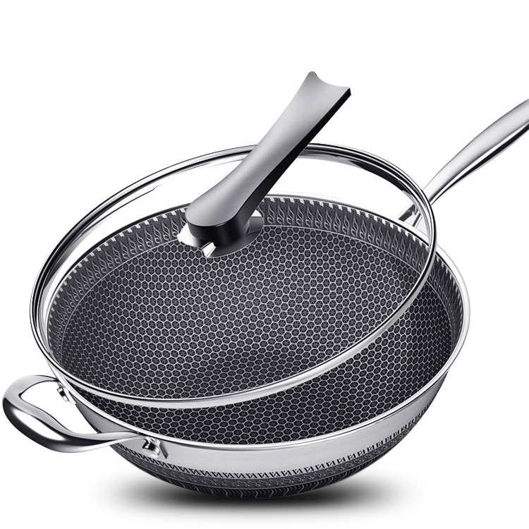 316 stainless steel wok, double-sided honeycomb flat pan, uncoated non-stick pan, household cooking pan, non-stick pan Item Picture