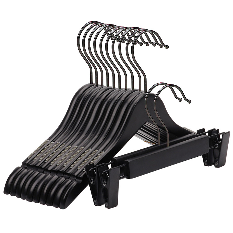 Wholesale of black wooden clothes hangers for women's clothing and children's clothing, solid wood anti-slip clothes hangers, clothes racks and pants clips Item Picture