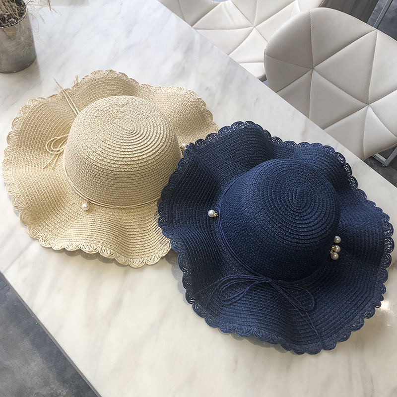 Hat Women Summer Small Fresh Wave Big Along The Straw Hat Korean Version Of All Casual Pearl Sunblock Beach Visor Tide Specification drawing