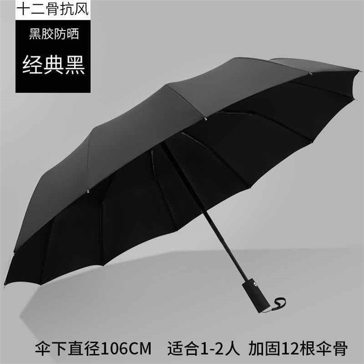 Umbrella printing: Ten-bone enlarged business black rubber sun protection and shading three-fold fully automatic umbrella advertising, umbrella printing logo Application Scenario