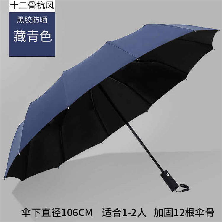 Umbrella printing: Ten-bone enlarged business black rubber sun protection and shading three-fold fully automatic umbrella advertising, umbrella printing logo Specification image