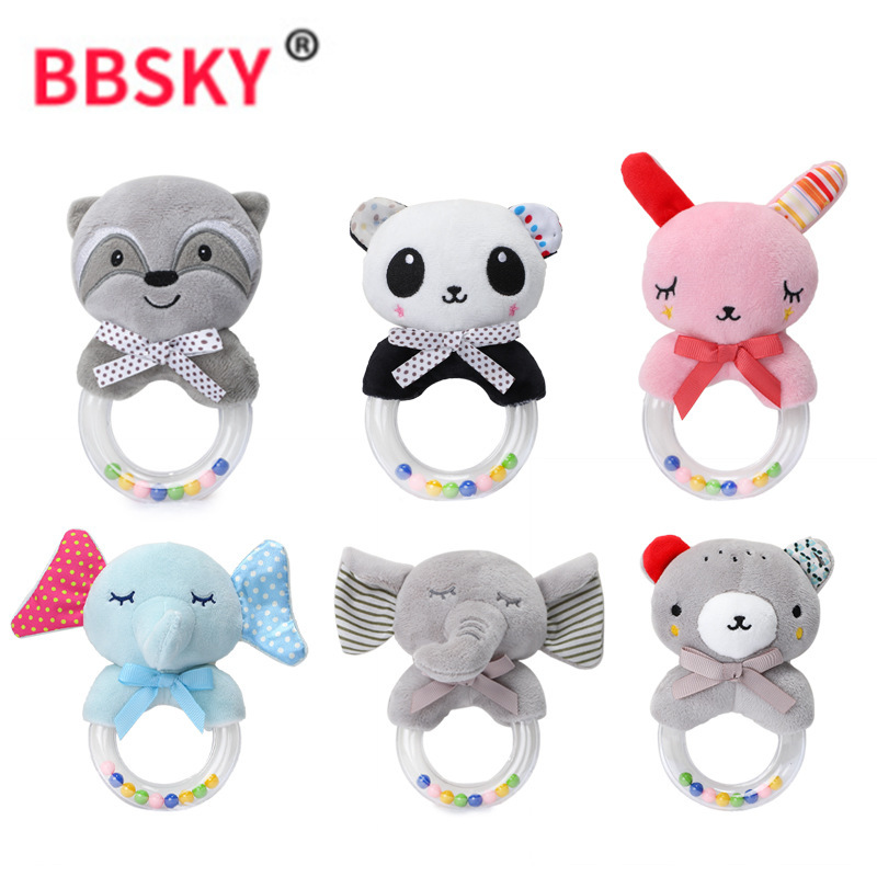BBSKY baby cartoon animal plush doll, colorful beads, hand-held bed, bell ring, rubber particles, bell ring, round handle