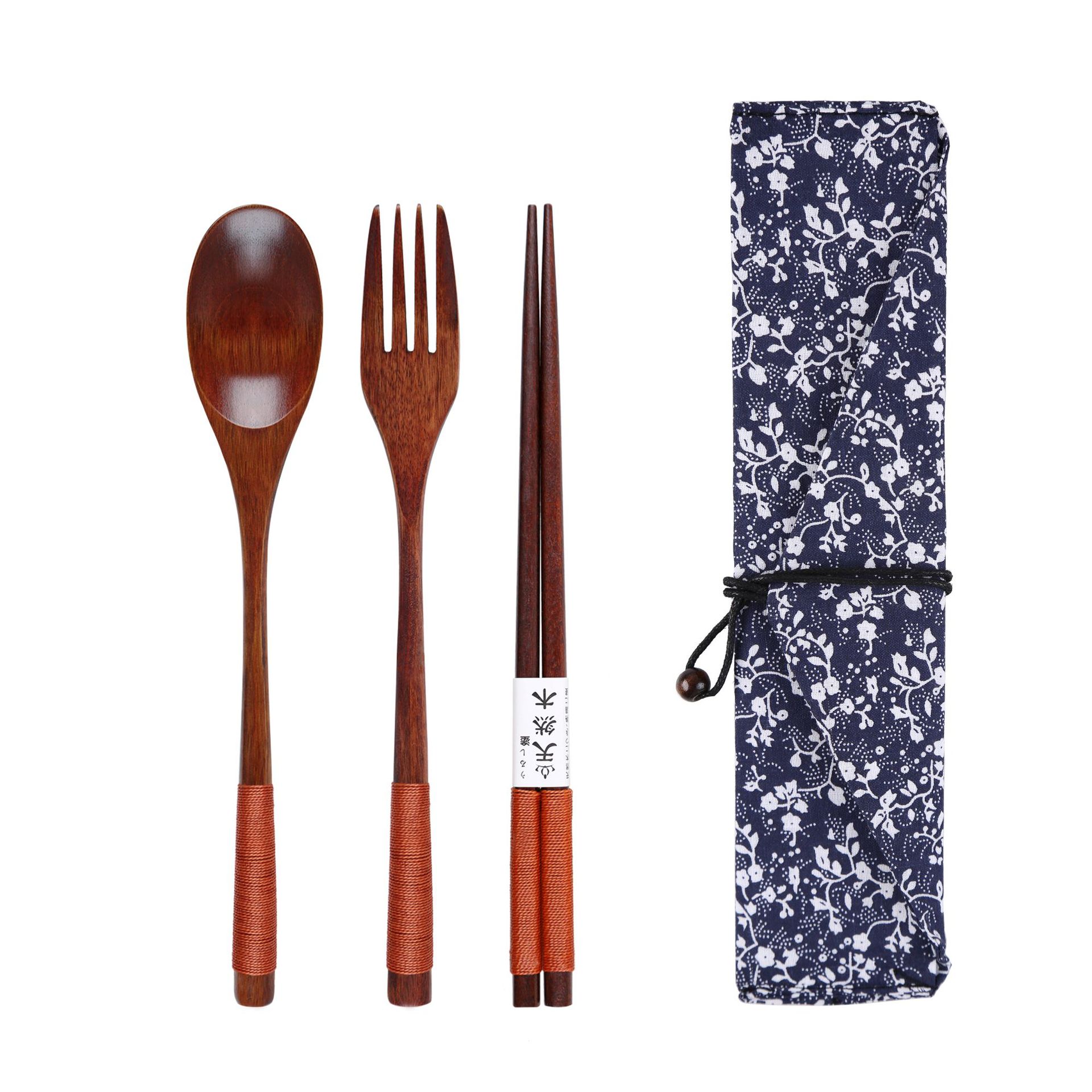 Yfjy Spot Students Wooden Chopsticks Spoon Fork Portable One Food Picnic Tableware Three Piece Bag Set Wholesale Item Picture