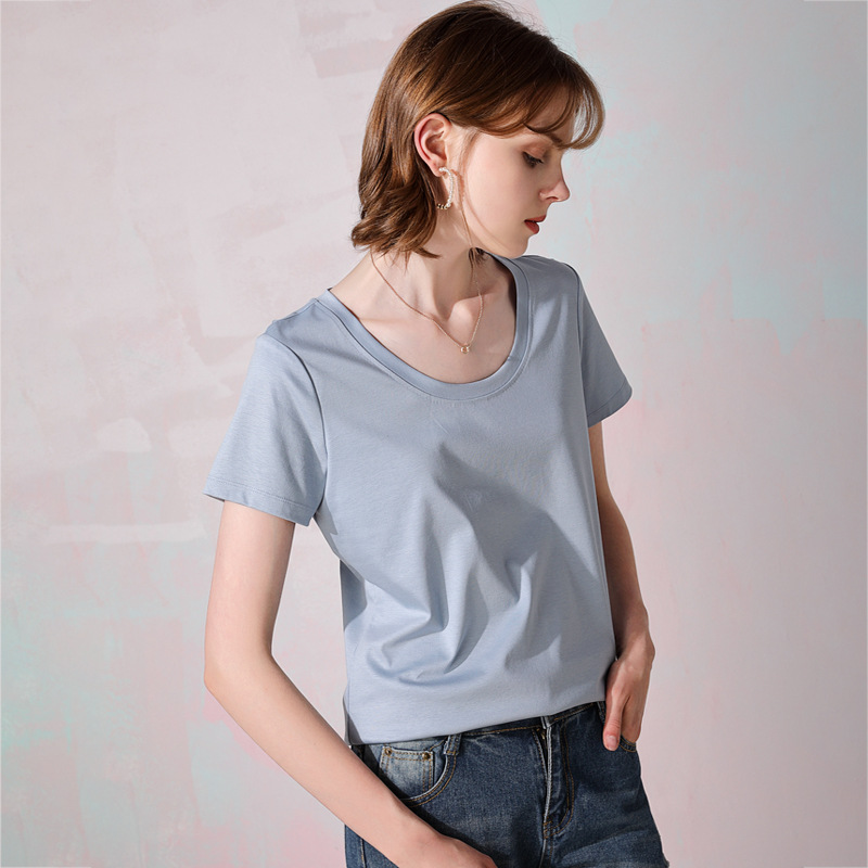 厂家现货桑蚕丝丝光棉T恤女夏宽松版大圆领短袖打底衫桑蚕丝配比图