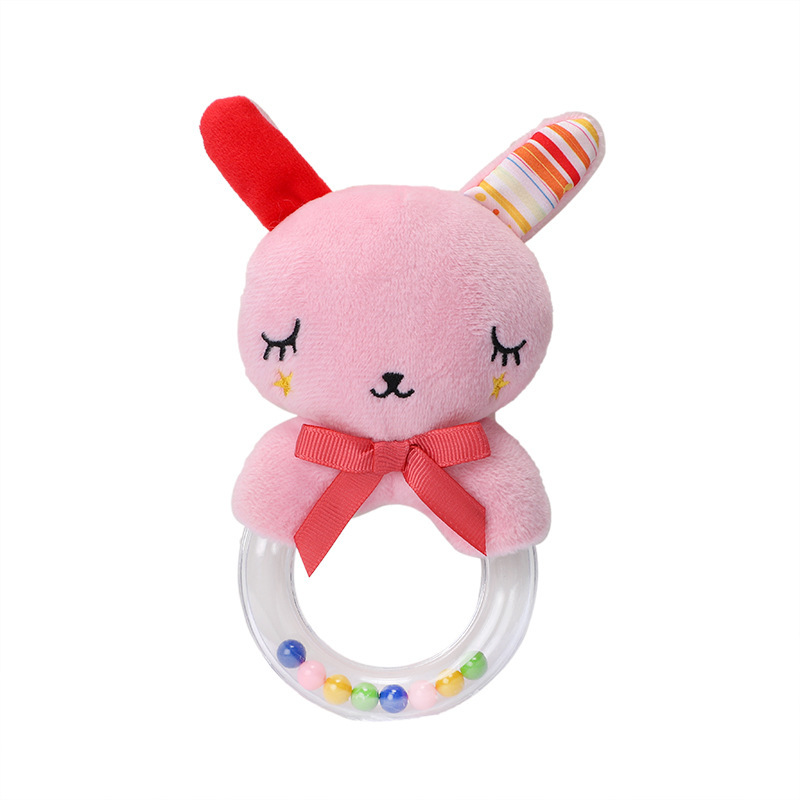 BBSKY baby cartoon animal plush doll, colorful beads, hand-held bed, bell ring, rubber particles, bell ring, round handle details Picture