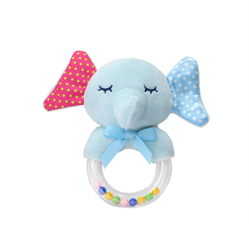 BBSKY baby cartoon animal plush doll, colorful beads, hand-held bed, bell ring, rubber particles, bell ring, round handle Item Picture
