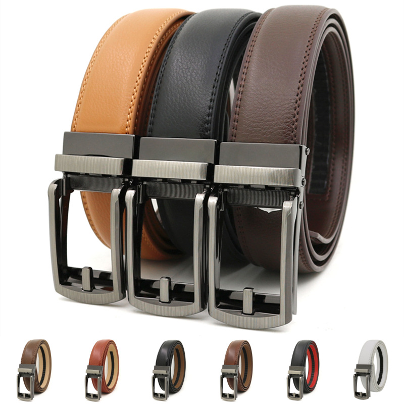 外贸男士Click Belt 假针皮带自动扣二层牛皮真皮腰带厂家批发产品图